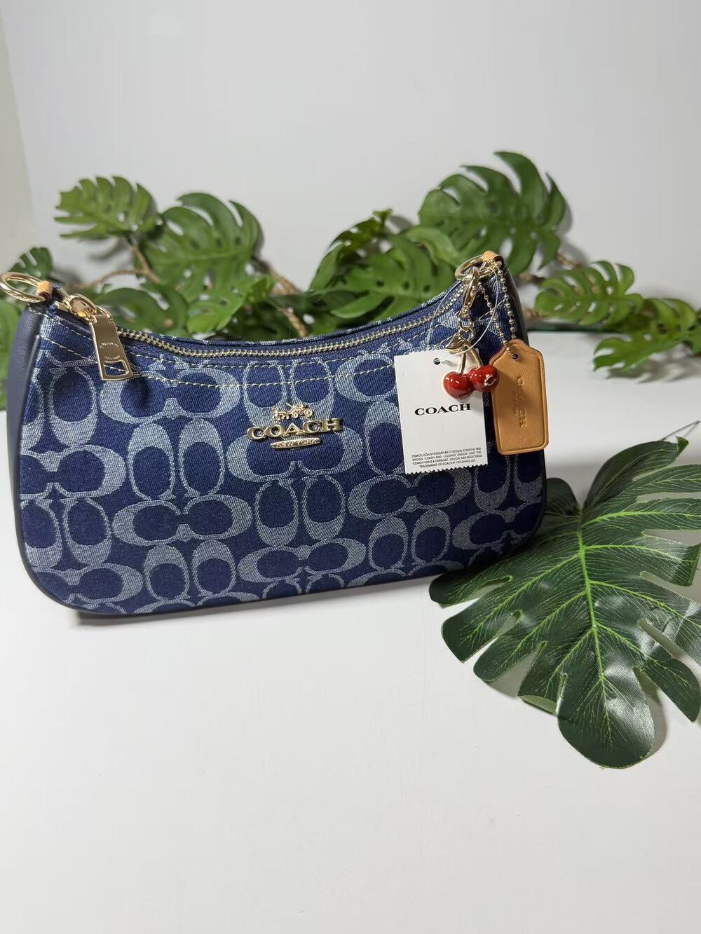 ✨Coach Denim Signature Baguette Shoulder Bag with Cherry Charm